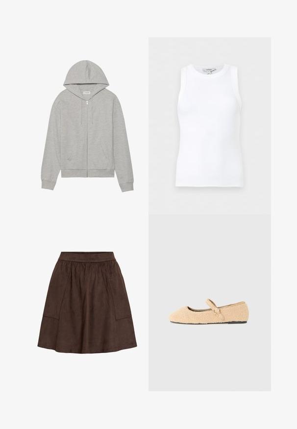 Grå lynlås-hoodie lavet af blødt stof, med en rummelig hætte, to forlommer og ribbede manchetter og kant.; Hvid, ribstrikket, ærmeløs tanktop med rund halsudskæring, tætsiddende pasform og lille mærke inde i kraven.; Brun ruskindnederdel med elastisk linning, med sidelommer og en udvidet pasform. Glat tekstur og knælængde.; Beige fnug Mary Jane flad sko med rund tå, justerbar rem med cirkelformet spænde og sort sål på hvid baggrund.