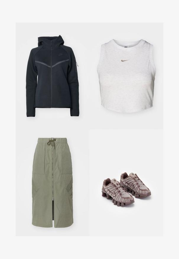 Schwarze Zip-Hoodie mit hohem Kragen, kontrastierenden grauen Akzenten und einer seitlichen Reißverschlusstasche. Hergestellt aus weichem Fleece-Material mit taillierter Passform.; Weißes Crop-Top aus weichem, strukturiertem Stoff. Verfügt über einen runden Ausschnitt und einen ärmellosen Schnitt mit einem kleinen goldenen Nike-Logo auf der Vorderseite.; Olivengrüner Midirock aus leichtem Stoff, mit einem Reißverschluss vorne, elastischem Taillenbund und großen Seitentaschen mit schrägen Klappen.; Nike Sportswear SHOX TL - Sneaker low - pumice/night maroon/plum eclipse