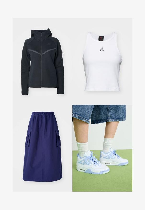 Sort zip-hoodie med høj krave, kontrasterende grå detaljer og en sidelomme med lynlås. Fremstillet af blødt fleece-materiale med en tætsiddende pasform.; Hvid cropped tanktop lavet af bomuld med ribbet tekstur. Har et sort Jordan-logo i midten og en klassisk rund halsudskæring.; Marineblå, mellemlang nederdel med elastisk talje, der har to sidelommer og et minimalistisk logodesign. Glat stofstruktur.; Hvide og lyseblå sneakers med mesh-detaljer, rund tå, snørebånd og en luftdæmpningsenhed, parret med hvide ribbede sokker og denimshorts.