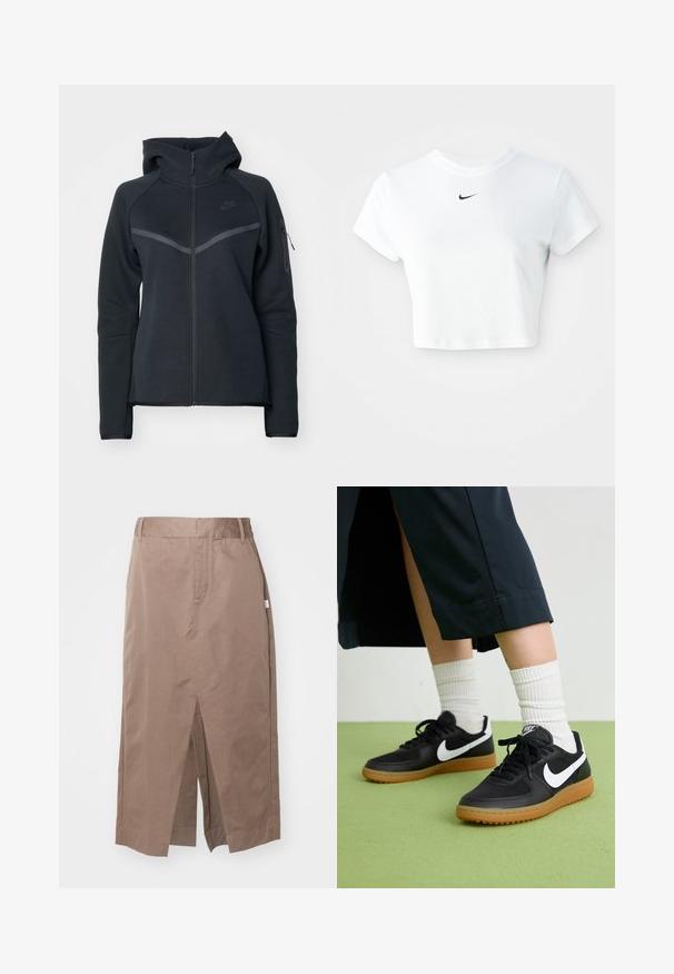 Čierna mikina na zips s vysokým golierom, kontrastnými šedými akcentmi a bočnou zipsovou kapsou. Vyrobená z mäkkého fleece materiálu s prispôsobeným strihom.; Biely skrátený tričko vyrobené z bavlny, s krátkymi rukávmi a okrúhlym výstrihom, s čiernym logom Nike na hrudi.; Hnedá bavlnená sukňa so rovný dizajnom, s predným rozparkom, bočnými vreckami a štandardným pásom. Hladká textúra a prispôsobené švy.; Čierne kožené a syntetické tenisky so bielym logom Nike, gumenou podrážkou, okrúhlou špičkou a čiernymi šnúrkami. Viditeľné biele pruhované ponožky.