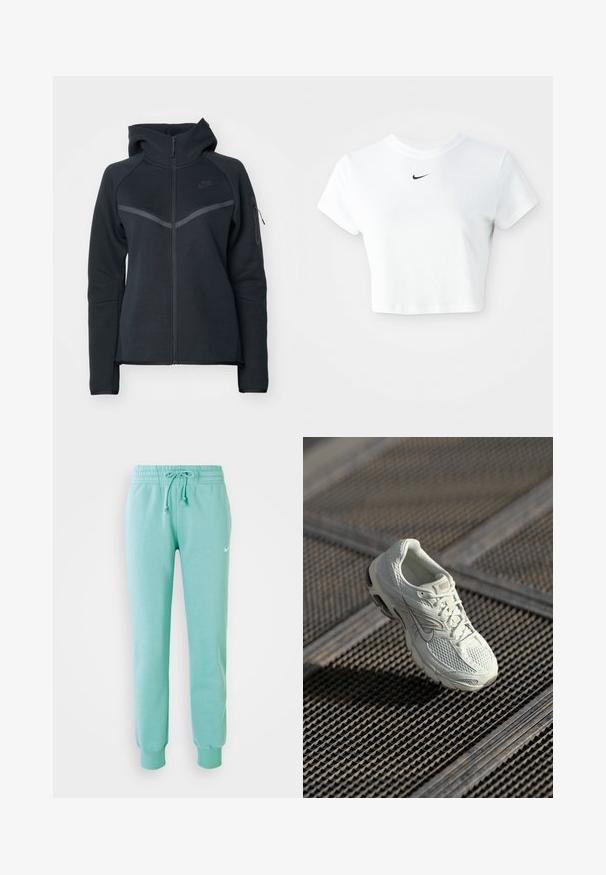 Zwarte zip-up hoodie met een hoge kraag, contrasterende grijze accenten en een zijzak met rits. Gemaakt van zachte fleece met een getailleerd ontwerp.; Witte cropped T-shirt van katoen, met korte mouwen en een ronde halslijn, voorzien van een zwart Nike-logo op de borst.; Mintgroene sweatshirtbroek met een elastische tailleband, koord en geribde boorden. Bevat een klein wit Nike-logo op de linker bovenbeen.; Witte Nike hardloopschoen met bovenwerk van mesh en synthetisch materiaal, rustend op een metalen roostervloer in zacht natuurlijk licht.