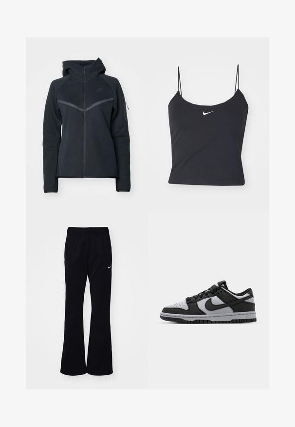 Sudadera con cremallera negra y cuello alto, con acentos en gris contrastante y un bolsillo lateral con cremallera. Fabricada en material de forro polar suave con un diseño ajustado.; Top negro sin mangas con escote redondeado, tirantes finos y un logo de Nike blanco centrado. Hecho de un tejido suave, con un diseño ajustado.; Pantalones de chándal negros con una cinturilla elástica, perneras acampanadas, dos bolsillos laterales y un logo de Nike en blanco en el lado izquierdo.; Zapatillas bajas Nike Dunk en negro y gris, con punta perforada, detalles en cuero liso y suela de goma que presenta un patrón de tracción texturizado.