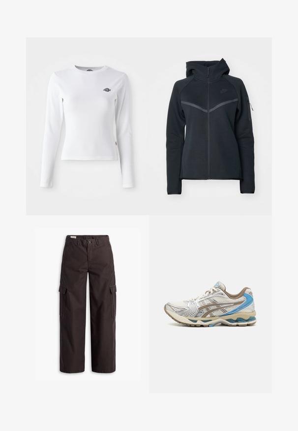 Zwarte zip-up hoodie met een hoge kraag, contrasterende grijze accenten en een zijzak met rits. Gemaakt van zachte fleece met een getailleerd ontwerp.; Witte longsleeve shirt gemaakt van ribbelstof. Bevat een klein zwart logo op de borst. Aangesneden ontwerp met een ronde hals.; Donkerbruine rechte cargobroek met zijflapzakken, knoopsluiting, riemlussen en ritssluiting aan de voorkant.; Witte en beige hardloopschoen met blauwe accenten, mesh bovenwerk, gewatteerde zool en vetersluiting, getoond vanaf de buitenkant.