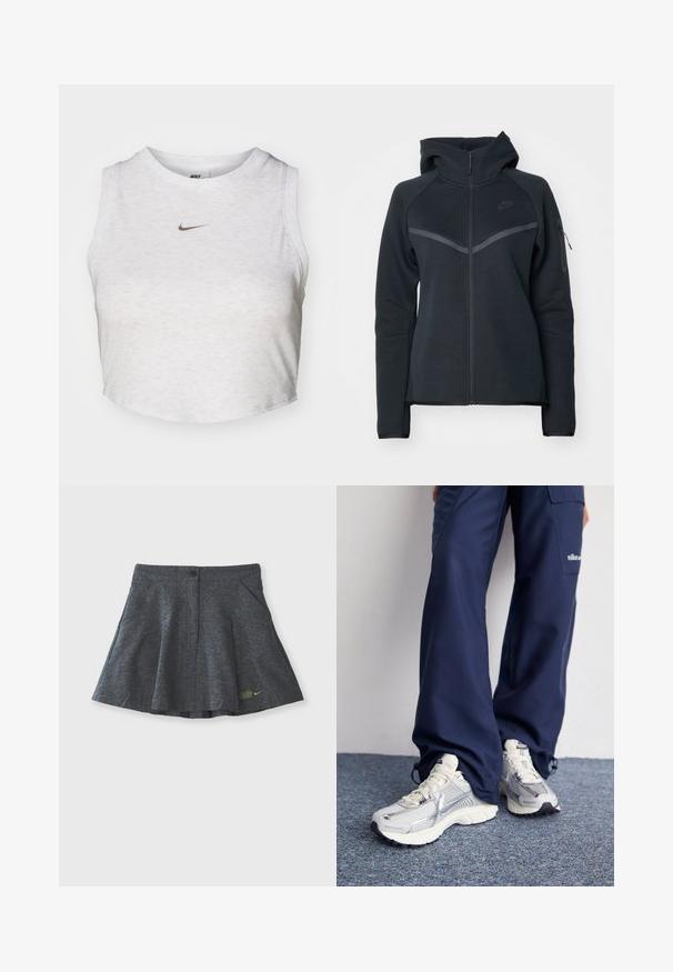 Sudadera con cremallera negra y cuello alto, con acentos en gris contrastante y un bolsillo lateral con cremallera. Fabricada en material de forro polar suave con un diseño ajustado.; Top corto blanco hecho de una tela suave y texturizada. Presenta un cuello redondo y un diseño sin mangas, con un pequeño logotipo dorado de Nike en la parte delantera.; Mini falda gris hecha de tela texturizada, con cierre de botón en la cinturilla, que presenta dos bolsillos laterales y un sutil logo bordado en el dobladillo.; Zapatillas deportivas Nike con parte superior de malla plateada, acentos blancos y suelas texturizadas, combinadas con pantalones azul marino de corte holgado.