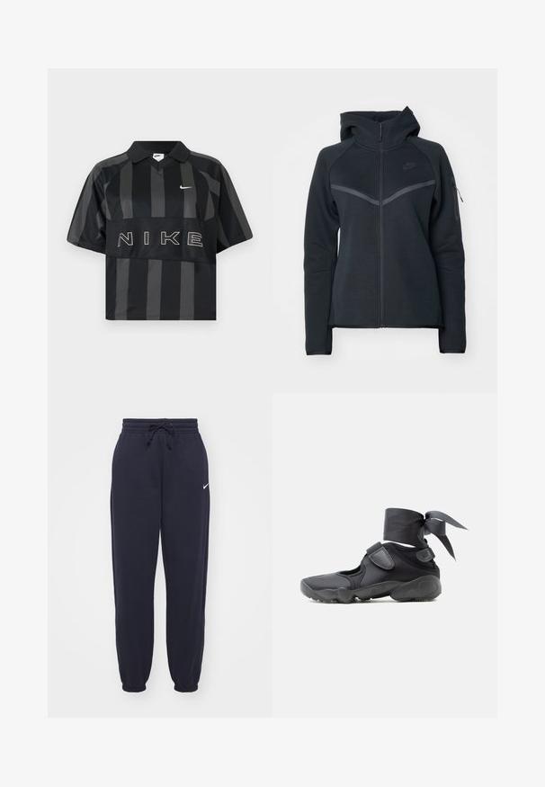 Haut de hoodie zippé noir avec un col haut, des accents gris contrastants et une poche zippée sur le côté. Fabriqué en matériau en polaire douce avec une coupe ajustée.; Polo Nike manches courtes à rayures verticales noires et gris foncé, col, virgule Nike blanche et grand texte NIKE sur la poitrine.; Pantalon de survêtement Nike en bleu marine, fabriqué dans un matériau doux. Présente une taille élastique avec un cordon de serrage et des chevilles resserrées. Petite accentuation logo blanche.; Chaussure de sport noire avec des découpes, des brides en velcro et un lacet autour de la cheville noué en un nœud, vue de côté sur un fond blanc.