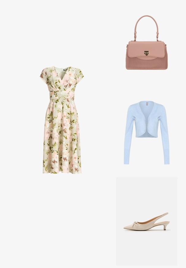 Lyseblå cropped cardigan lavet af blødt strikstof. Har lange ærmer og en scalloped halsudskæring. Uden lukninger.; Grøn blomsterprint slå-om kjole med kapærmer, tætsiddende talje og A-formet midi nederdel med rosa og hvide blomster og grønne blade.; Beige patenterede læder slingback hæle med spidse tæer og en dekorativ sløjfe på vampen. Inkluderer en lav, slank hæl og en glat tekstur.; Lyserød plissert håndtaske lavet af syntetisk materiale, med en guldfarvet lukning og et struktureret topgreb. Glat tekstur med subtil glans.