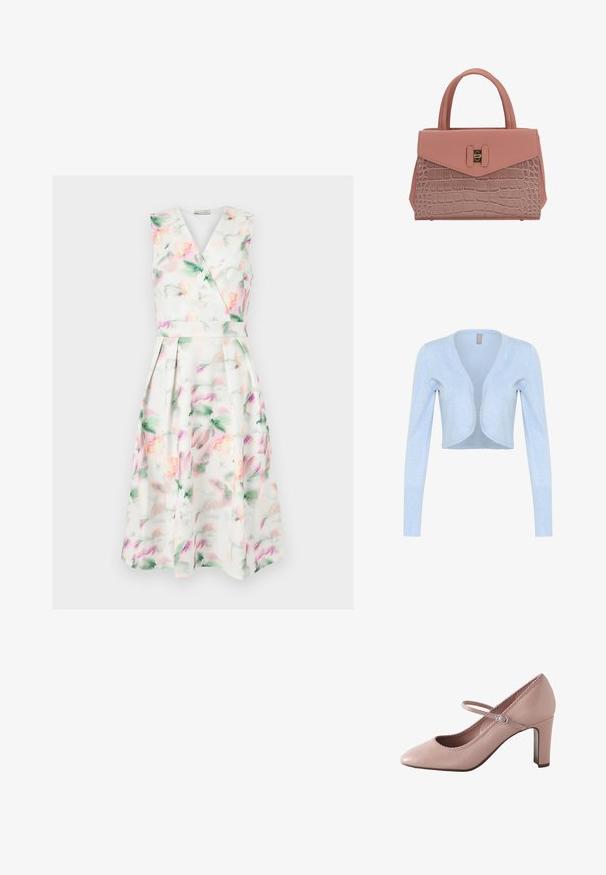 Lyseblå cropped cardigan lavet af blødt strikstof. Har lange ærmer og en scalloped halsudskæring. Uden lukninger.; Ærmeløs hvid midi-kjole med pastel akvarelblomstret print, V-hals omslagsbodice, tætsiddende talje og plisseret nederdel.; Lyserød læderhøjhælet sko med rundet tå, ankelrem og bølget kant. Har en slank blokhæle for støtte.; Lyserød håndtaske med et tekstureret krokodillemønster på den nederste halvdel, glat øverste sektion, en guld lås og to runde håndtag.