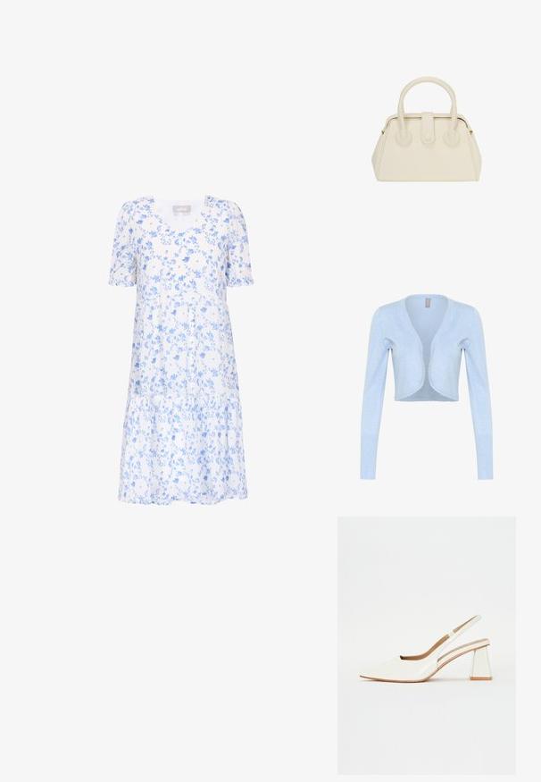 Lyseblå cropped cardigan lavet af blødt strikstof. Har lange ærmer og en scalloped halsudskæring. Uden lukninger.; Hvid knælængde kjole med lyseblåt blomsterprint, korte pufærmer og V-formet halsudskæring.; Hvide patentlæder slingback sko med spidse tæer og en geometrisk blokhæl. Indersiden har en tan indersål og minimale udskæringer på siden.; Cremefarvet struktureret håndtaske med tekstureret læder, runde håndtag og en sikker klaplukning med runde bløde detaljer.
