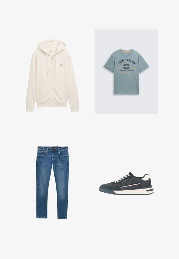 Hvid zip-up hoodie lavet af blødt stof, med hætte, to frontlommer og et lille sort logo på venstre bryst.; Lys blå bomulds t-shirt med korte ærmer. Udstyret med mørkeblå og orange grafisk tekst: "TOM TAILOR" og "PREMIUM KVALITET." Enkel rund halsudskæring.; Blå denim jeans med lige ben, fem-lomme design, subtil vask på lårene, og en waistband label der angiver størrelse 31/32.; Herre navyblå og hvide sneakers med hvide snørebånd, perforeret tå, stripet sidedetalje og mærket accent på sidepanelet.