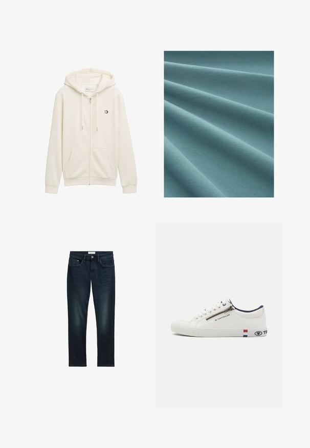 Hvid zip-up hoodie lavet af blødt stof, med hætte, to frontlommer og et lille sort logo på venstre bryst.; Turkis stof med en glat, blød tekstur, der viser bløde folder og et ensartet strikkemønster gennem hele overfladen.; Mørkeblå denim jeans med slim fit, der har fem lommer, knaplukning og diskret falmning foran for tekstur.; Hvid sneaker med overdel i læder, rund tå og kontrasterende marineblå detaljer ved kraven. Har en lynlåslukning og logoakcenter på siderne.
