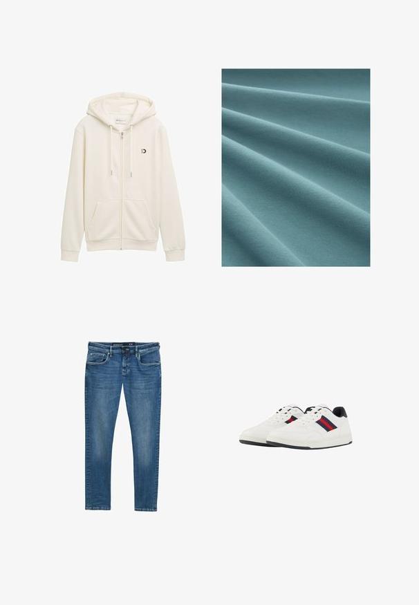 Hvid zip-up hoodie lavet af blødt stof, med hætte, to frontlommer og et lille sort logo på venstre bryst.; Turkis stof med en glat, blød tekstur, der viser bløde folder og et ensartet strikkemønster gennem hele overfladen.; Blå denim jeans med lige ben, fem-lomme design, subtil vask på lårene, og en waistband label der angiver størrelse 31/32.; TOM TAILOR Sneakers - white navy