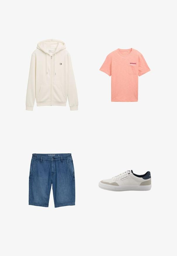 Witte zip-up hoodie gemaakt van zachte stof, met een capuchon, twee voorzakken en een klein zwart logo op de linkerborst.; Lichtroze T-shirt met korte mouwen, een ronde halslijn en een klein zakje op de linkerkant van de borst met een gedeeltelijk logo.; Jeansshorts in een medium blauwe tint, met een rechte snit, elastische tailleband, twee voorzakken en gestikte details.; Witte lage sneaker met beige accenten, een marineblauwe hielkraag, witte veters en een rubberen zool, met het Tom Tailor-logo aan de zijkant en achterkant.