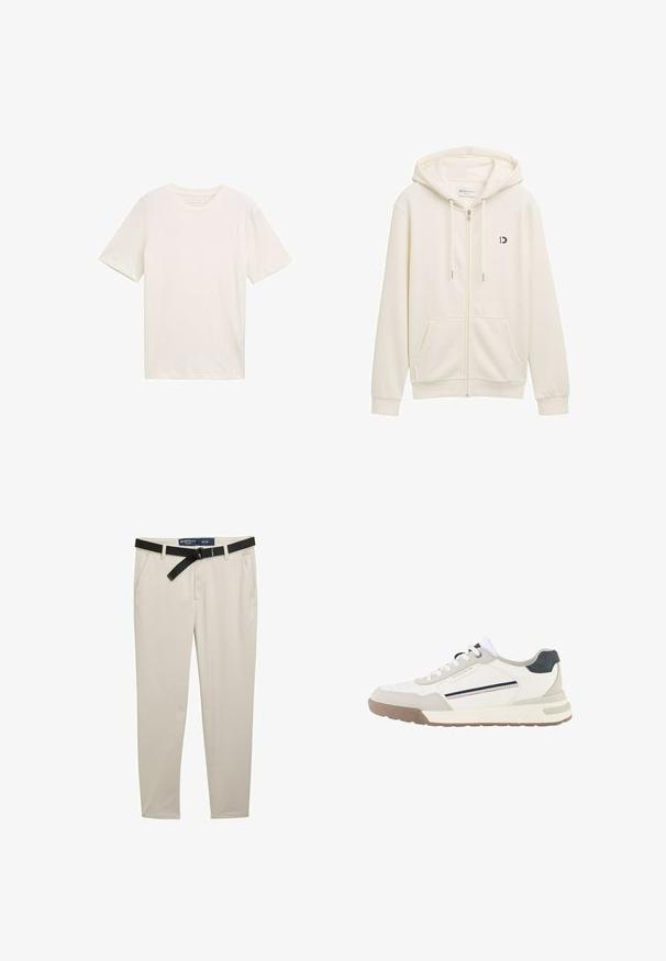 Hvid zip-up hoodie lavet af blødt stof, med hætte, to frontlommer og et lille sort logo på venstre bryst.; Kortærmet T-shirt med rund hals i off-white bomuld. Har en afslappet pasform med glat tekstur og ingen bemærkelsesværdige mønstre eller accenter.; Beige bukser med slim fit, der har et sort bælte, to forlommer og et struktureret stof. Størrelse 32 x 32.; Hvid og beige sneaker med hvide snørebånd, brun sål, sort hæl lap og sidestribe detaljer i marineblåt og rødt.
