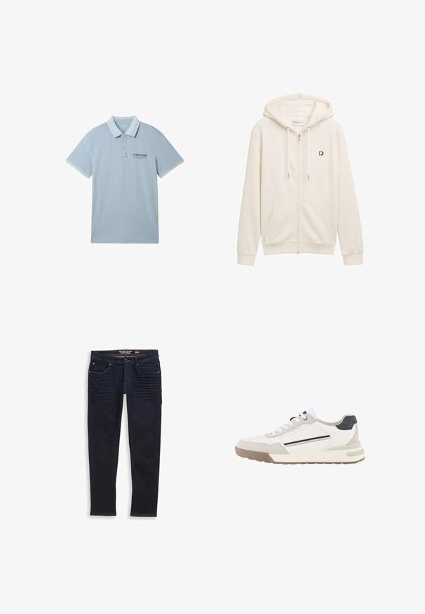 Hvid zip-up hoodie lavet af blødt stof, med hætte, to frontlommer og et lille sort logo på venstre bryst.; Lysblå polo-shirt i blødt stof, med kravehals, to-knap placket og kontrasterende hvid kant på ærmer og krave.; Mørkeblå denim jeans med tapered pasform, fem-lomme design og subtile whiskering detaljer på forsiden. Har knaplukning og bæltestropper.; Hvid og beige sneaker med hvide snørebånd, brun sål, sort hæl lap og sidestribe detaljer i marineblåt og rødt.