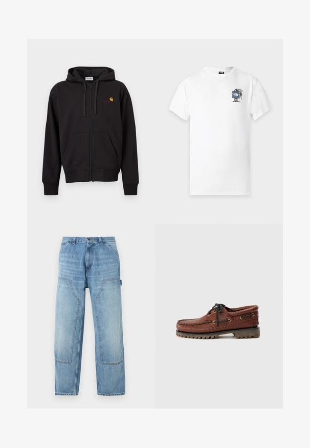 Sort lynlås-hættetrøje med frontlommer, snørre i hætten og lille gul og rød Carhartt-logo på venstre bryst.; Hvid T-shirt med korte ærmer med lille grafik af en vandrer, der holder et blåt North Face-logo på venstre bryst.; Lyseblå denim-snedkerbukser med store frontlommer og en hammerstrop på højre side, lige ben.; Brune læder bådsko med struktureret overdel, sorte snørebånd og gyldne øjer. Har en holdbar, rillede gummisål.