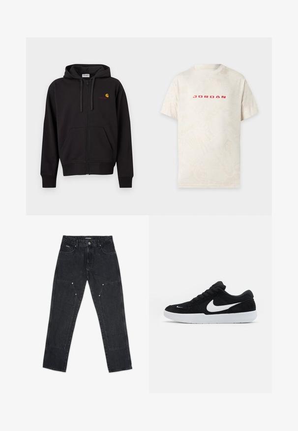 Schwarzer Kapuzenpullover mit Reißverschluss, Fronttaschen, Kordelzugkapuze und kleinem gelb-rotem Carhartt-Logo auf der linken Brust.; Off-white kurzärmeliges T-Shirt mit rotem "JORDAN" Text, mittig auf der Brust, und einem dezenten, abstrakten Allover-Muster.; Pegador VINTO CARPENTER - Carpenter Jeans - washed black; Schwarze Wildledersneaker mit weißen Akzenten, runder Zehenform, dicker weißer Sohle und schwarzen Schnürsenkeln. Auffälliges weißes Nike-Logo an der Seite.