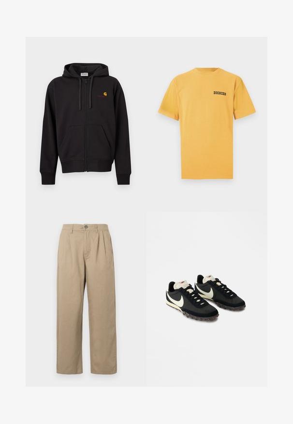 Sweat à capuche noir zippé avec poches avant, capuche à cordon de serrage, et petit logo Carhartt jaune et rouge sur le côté gauche de la poitrine.; T-shirt en coton jaune à manches courtes et col rond. Présente un logo noir "DICKIES" sur le côté gauche de la poitrine. Texture douce.; Pantalons beiges taille haute avec plis, passants de ceinture, fermeture à bouton et jambes droites sur un fond blanc.; Chaussures de sport noires avec une tige texturée, logo swoosh blanc et semelle en caoutchouc dotée de petits crampons pour une meilleure traction. Col de couleur crème.