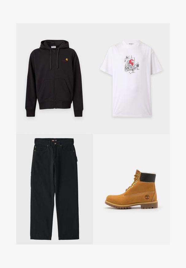 Sort lynlås-hættetrøje med frontlommer, snørre i hætten og lille gul og rød Carhartt-logo på venstre bryst.; Hvid T-shirt med lille sort skitse af to personer, der maler, én siddende og én stående, med en rød plet på lærredet i et kunstneratelier.; Sorte bomuldsbukser med lige ben-design, der har to forlommer, en baglomme og guldfarvede hardware-accenter.; Brune læder ankelstøvle med metaløjer, hvid pelsforing, sort polstret krave, robust sål og præget logo på siden.