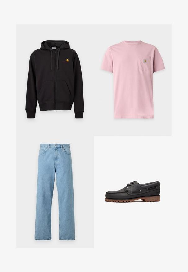 Zwarte hoodie met ritssluiting, zakken aan de voorkant, capuchon met trekkoord en een klein geel-rood Carhartt-logo op de linkerborst.; Effen roze korte-mouwen t-shirt met een borstzakje met een klein rechthoekig Carhartt-logo.; Lichtblauwe denim jeans met een rechte pasvorm, vijf zakken, knoop- en ritssluiting, en een iets vervaagde afwerking.; Zwart leren bootschoen met veters, ronde neus, gestructureerde bruine rubberen zool en gestikte leren zijkanten.