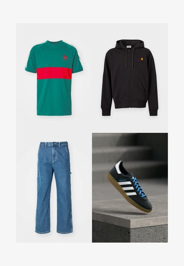 Musta vetoketjullinen huppari, jossa etutaskut, kiristysnyörillä säädettävä huppu ja vasemmassa rinnassa pieni keltainen ja punainen Carhartt-logo.; Vihreä puuvillapaita, jossa on punainen vaakasuora raitaa, valkoiset olkaitat sekä brodeerattu logo rinnassa. Lyhyet hihat, pyöreä pääntie.; Siniset farkkukankaiset cargo-housut rentoa leikkausta, joissa on sivutaskut, vetoketjusuljenta ja kontrastivärinen ompelu saumoissa.; Musta Adidas-tennari valkoisilla raidoilla, sinisillä nauhoilla ja kumipohjalla kelluu pehmeässä valossa harmaan betonisen portaan yllä.
