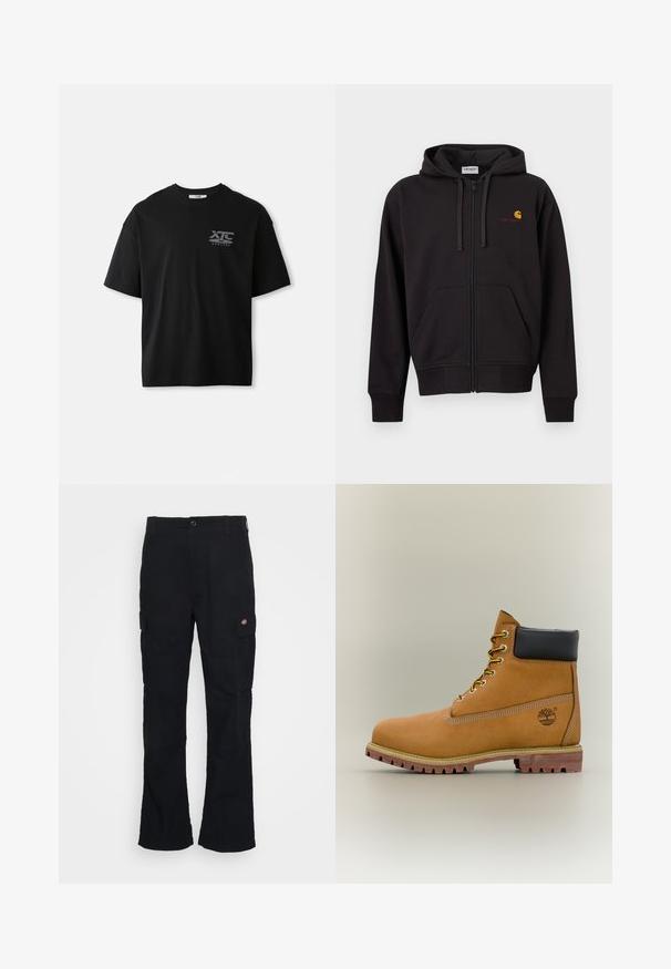 Sudadera negra con cremallera, bolsillos frontales, capucha con cordón y pequeño logo de Carhartt en amarillo y rojo en el pecho izquierdo.; Camiseta de algodón negra de manga corta con cuello redondo y un logo blanco "XTC VERTERE" en la zona del pecho izquierdo. Textura suave.; Pantalones cargo negros con un diseño de pierna recta, hechos de tela duradera, con bolsillos laterales y un logo de parche en el lado izquierdo.; Bota de tobillo de cuero marrón con cuello negro, cordones amarillos y suela beige. Presenta un logotipo y detalles de costura blanca. Suela exterior con tracción robusta.