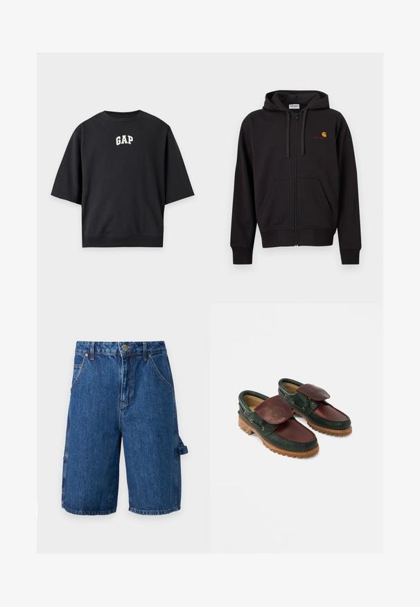 Sweat à capuche noir zippé avec poches avant, capuche à cordon de serrage, et petit logo Carhartt jaune et rouge sur le côté gauche de la poitrine.; T-shirt noir oversize à manches courtes avec le logo blanc "GAP" imprimé au centre devant sur un fond uni.; Shorts en denim d'une couleur bleu moyen, dotés d'une taille haute, de deux poches avant et d'une poche latérale avec une sangle. Texture lisse, design décontracté.; Chaussures en cuir avec un corps vert foncé, un dessus bordeaux, un bout rond, un rabat sécurisé et une semelle en caoutchouc texturée avec des rainures.