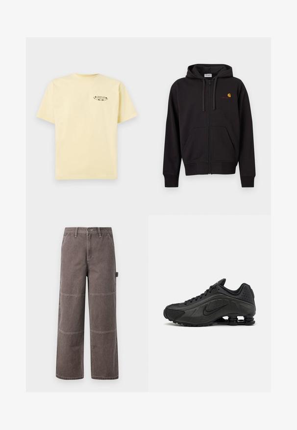 Čierna mikina na zips s prednými vreckami, kapucňou na šnúrkach a malým žltým a červeným logom Carhartt na ľavej strane na hrudi.; Žlté bavlnené tričko s krátkymi rukávmi a okrúhlym výstrihom, s potlačeným grafickým logom na ľavej hrudi.; Široké nohavice v vyblednutej hnedej farbe, vyrobené z odolnej tkaniny s kontrastným prešívaním. Obsahujú panelové detaily a bočnú kapsu.; Čierne bežecké topánky s hladkým syntetickým zvrškom, perforovanými akcentmi, textúrovanými bočnými panelmi a výraznou pružnou podrážkou.