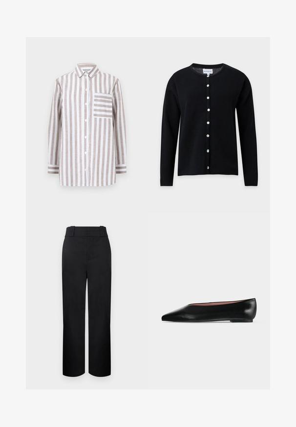 Cárdigan negro de manga larga con cuello redondo y botones blancos en la parte delantera, mostrado sobre un fondo gris claro.; Camisa de manga larga con botones, con rayas verticales beige y blancas, con un bolsillo en el pecho con rayas horizontales y cuello clásico.; Pantalones negros de talle alto y pierna recta, con trabillas anchas para el cinturón y cierre frontal oculto, sobre un fondo claro.; Zapato plano negro de cuero para mujer con punta puntiaguda y tacón bajo, mostrado de lado sobre un fondo liso gris claro.
