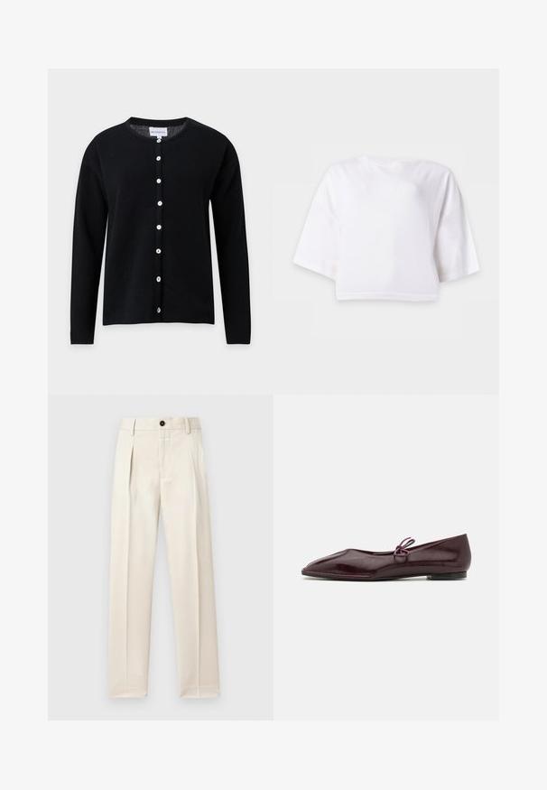 Cardigan noir à manches longues avec col rond et boutons blancs sur le devant, présenté sur un fond gris clair.; T-shirt blanc court, ample, manches courtes avec col rond sur fond uni.; Pantalon beige en tissu léger, avec un devant plissé, une fermeture à un bouton et des jambes droites. Texture lisse.; Ballerines en cuir verni bordeaux avec un bout pointu et un nœud décoratif violet sur le cou-de-pied ; design à semelle plate.