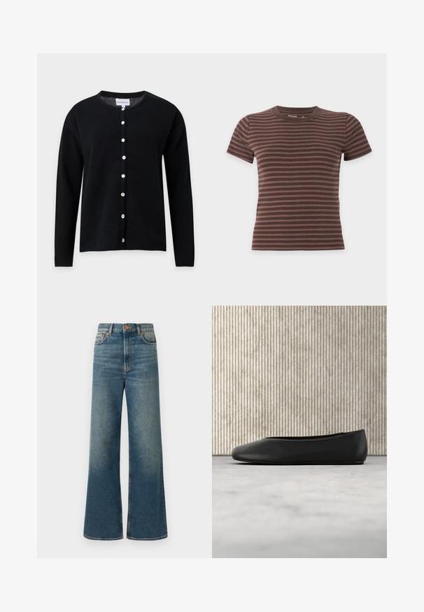 Sort langærmet cardigan med rund halsudskæring og hvide knapper ned foran, vist på en lysegrå baggrund.; Brun T-shirt med korte ærmer med tynde vandrette lyserøde striber og rund halsudskæring på en ensartet lys baggrund.; Bredde ben jeans i medium blå denim, med høj talje, fem-lomme design og en subtil falmet finish. Kobberknap og syninger som detaljer.; Sorte læder balletflade med en rund tå, glat tekstur og en gulds logoaccent på siden. Placeret over en reflekterende overflade.