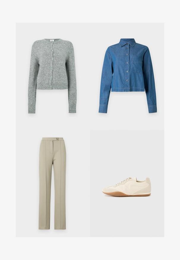 Grijze, cropped cardigan van een zachte gebreide stof. Heeft een ronde halslijn en een sluiting met lichtblauwe knopen. Lange mouwen.; Een cropped spijkerjack in middelblauw. Het heeft een spitse kraag, lange mouwen, knopen aan de voorkant en een enkele borstzak. Gladde textuur.; Beige op maat gemaakte broek met een rechte pasvorm, voorzien van een ritssluiting aan de voorkant, een enkele knoopsluiting en subtiele persplooien langs de voorkanten van de broekspijpen.; Lichtbeige sneakers met een textuur van leer op het bovenwerk, getextureerde zijpanelen en een rubberen zool. Voorzien van een slank, gestroomlijnd ontwerp en platte veters.