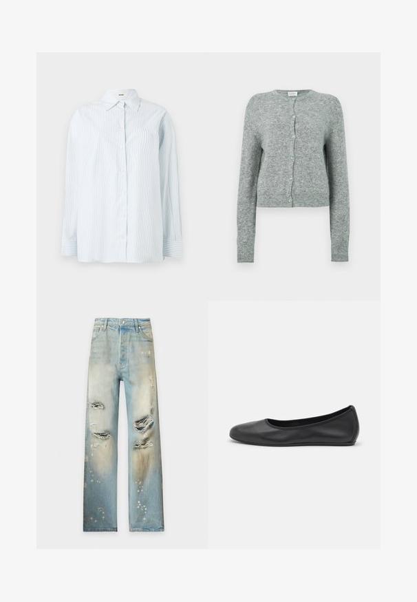 Grå, beskåret cardigan i et blødt strikstof. Har rund halsudskæring og knaplukning med lyseblå knapper. Lange ærmer.; Lyseblå stribet skjorte med knapper lavet af stof med en glat tekstur; har en klassisk krave og lange ærmer med knapmanchetter.; Lyseblå jeans med lige ben, distressede med flere store revner og falmede blegepletter på forbenene.; Sort læderballetsko med rund tå, glat tekstur, minimal syning og et fleksibelt såldesign.