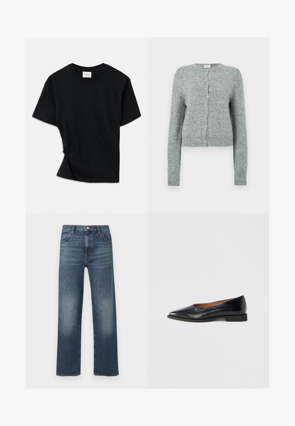 Cardigan gris court en tissu tricoté doux. Présente un col rond et une fermeture à boutons bleu clair. Manches longues.; T-shirt noir en coton doux, doté d'un col rond, de manches courtes et d'un design légèrement torsadé pour une coupe décontractée.; Jean en denim bleu avec une coupe droite, présentant un délavage plus clair au niveau des cuisses, cinq poches et une fermeture à boutons à l'avant.; Chaussure plate en cuir noir avec un bout pointu et un petit talon carré. Texture lisse, design minimaliste, sans éléments métalliques visibles ni motifs.