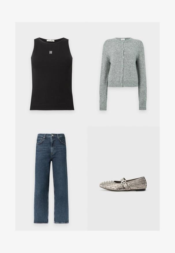 Grå, kort cardigan i et mykt strikket stoff. Har rund hals og knappestenging med lyseblå knapper. Lange ermer.; Svart ermeløs ribbestrikket tanktopp med rund hals og lite hvitt brodert logo midt på brystet.; Mørkeblå, rette jeans laget av denim, med design som inkluderer fem lommer, beltehemper og knappestengning i linningen.; Grå flatt sko med rund tå, dekorert med metalliske nagler, og en sidestropp som har en sølvspenne detalj. Glatt tekstur.