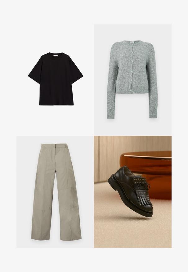 Grijze, cropped cardigan van een zachte gebreide stof. Heeft een ronde halslijn en een sluiting met lichtblauwe knopen. Lange mouwen.; Zwarte katoenen T-shirt met een relaxte pasvorm, korte mouwen, ronde hals en een gladde textuur. Geen patronen of accenten.; Beige broek met wijde pijpen, hoge taille, riemlussen, details met voornaad en een verborgen sluiting aan de voorkant.; Zwarte lederen veterlaars met decoratieve franjes en metalen studs geplaatst op een beige tapijt nabij bruin meubilair.