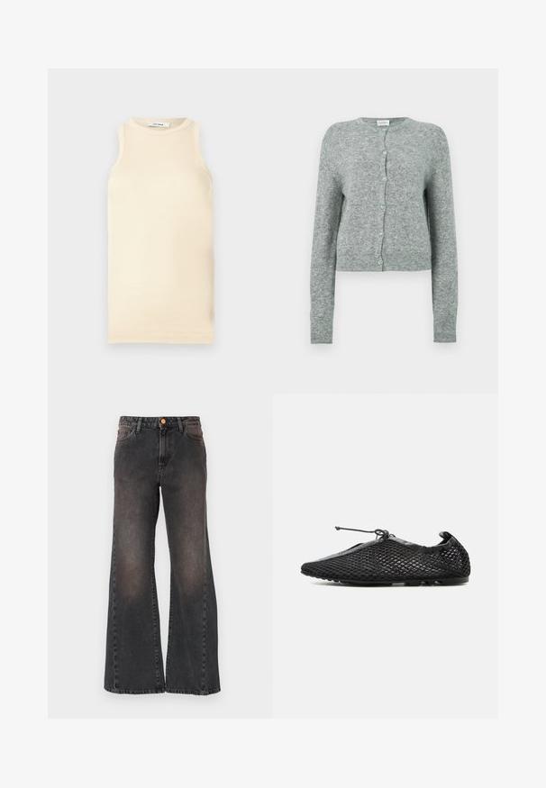 Grijze, cropped cardigan van een zachte gebreide stof. Heeft een ronde halslijn en een sluiting met lichtblauwe knopen. Lange mouwen.; Lichtbeige mouwloze top van ribstof, met een ronde halslijn en een fitted ontwerp. Glad oppervlak met minimale naden.; Zwarte wijd uitlopende jeans met vervaagde look, voorzakken en koperen knoopsluiting, plat gelegd op een witte achtergrond.; Zwarte mesh instapschoen met dunne zool en verstelbare veter bovenaan gestrikt, in profiel getoond tegen een witte achtergrond.