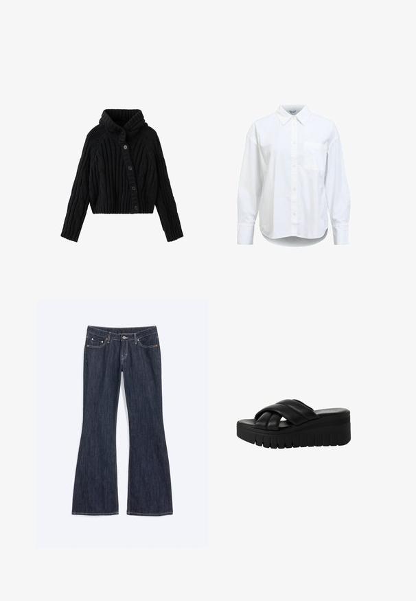 Sort cropped cardigan lavet af tekstureret strikstof, med høj krave, lange ærmer og seks store knapper foran.; Hvid langærmet skjorte med knapper, spids krave og brystlomme på venstre side, vist mod en hvid baggrund.; Mørkeblå denim jeans med en let vidde forneden, med forlommer, knap og synlige syningsdetaljer.; Sorte platform sandaler med krydset remme lavet af glat læder, der har en tykkere struktureret sål og en let afrundet tå.