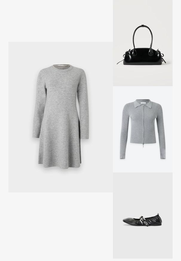 Cárdigan de punto acanalado gris claro con manga larga, cuello y cremallera plateada de longitud completa en el frente.; Vestido largo gris de manga larga hecho de una tela suave; presenta un escote redondo y un corte relajado, con un leve aumento en el dobladillo y aberturas laterales.; Zapato plano de piel negra con puntera afilada, detalle fruncido alrededor de la abertura y un acento de hebilla plateada en la correa ajustable.; Pequeño bolso negro brillante con dos asas largas y detalles de cordón lateral sobre un fondo claro liso.