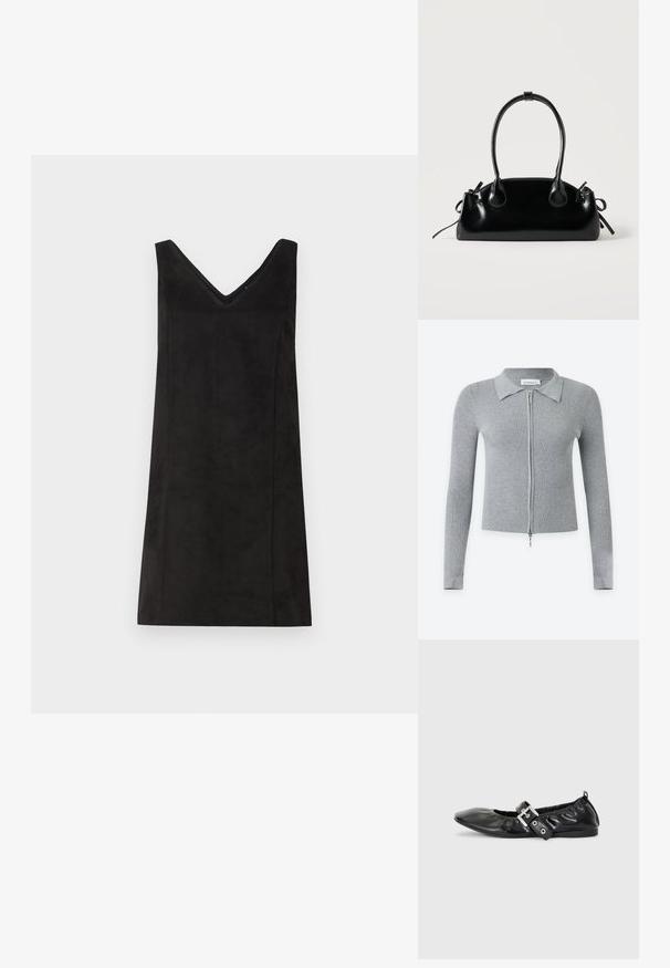 Cárdigan de punto acanalado gris claro con manga larga, cuello y cremallera plateada de longitud completa en el frente.; Vestido negro sin mangas con escote en V, hecho de un material suave, con corte recto y detalles mínimos. Textura suave.; Zapato plano de piel negra con puntera afilada, detalle fruncido alrededor de la abertura y un acento de hebilla plateada en la correa ajustable.; Pequeño bolso negro brillante con dos asas largas y detalles de cordón lateral sobre un fondo claro liso.