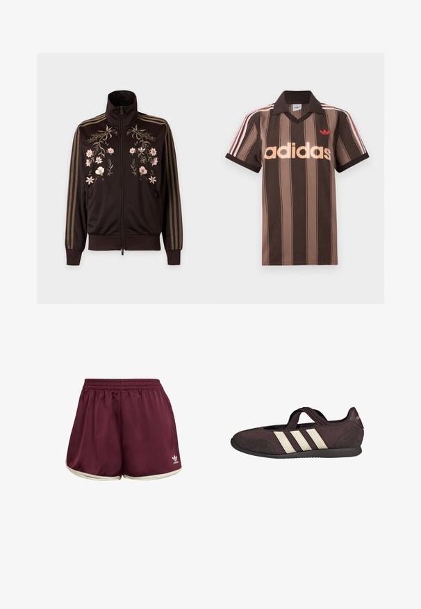 Chaqueta negra con cremallera, con rayas marrones en las mangas y bordado floral rosa claro en el pecho, con cuello alto y puños acanalados.; Polo Adidas marrón con rayas, cuello en V, cuello burdeos y logo rojo. Presenta rayas blancas y rojas en los hombros, mangas cortas.; adidas Originals SPRINTER - Shorts - maroon cream white; Zapato plano marrón oscuro con tres rayas blancas en los laterales, tira elástica cruzada y suela texturizada, diseñado para uso informal.