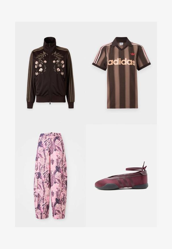 Sort lynlåstrøje med brune striber på ærmerne og lyserød blomsterbroderi på brystet, med høj krave og ribstrikkede manchetter.; Brunstribet Adidas polo-shirt med V-hals, bordeaux krave og rødt logo. Har hvide og røde skulderstriber samt korte ærmer.; Lyserøde og lilla mønstrede vide bukser har et blad- og grenmønster, med høj talje og sidelommer for ekstra funktionalitet.; Burgunderfarvet balletsko med sort sål, elastiske ankelstropper bundet i sløjfe og syninger på siderne, vist fra ydersiden.