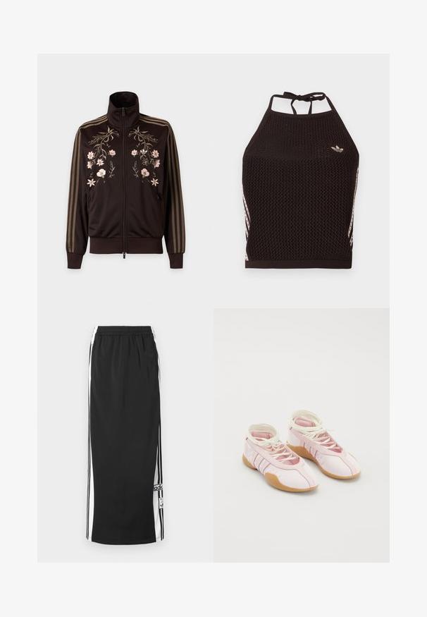 Sort lynlåstrøje med brune striber på ærmerne og lyserød blomsterbroderi på brystet, med høj krave og ribstrikkede manchetter.; Sort mesh halter crop top med tekstureret design. Har pink accentstriber og en lille logo foran. Lukning med bånd bagpå.; Sort lang atletisk nederdel med hvide sidepaneler og sorte striber, elastisk taljebånd og Adidas-logo i patch nær nederste kant.; Lyserøde lærredssko med en blød overflade, der har snørebåndsdesign og en gummisål. Dekorative detaljer og tre striber på siden.