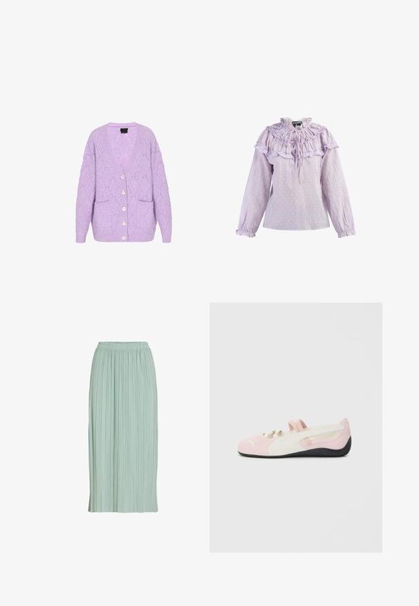 Lavendel strikket cardigan med diamantmønster, V-hals, knaplukning foran og to frontlommer. Blød tekstur og løs pasform.; Lyse lilla bluse med flæse ved halsudskæringen og manchetterne, med et tekstureret prikket mønster og en snørre lukning foran.; Lysegrøn plisseret midinederdel med elastisk talje, lige pasform og let stof.; Rosa ruskind slip-on sko med hvide detaljer, gummisål og elastiske stropper. Har et tekstureret design og et lille logo på fronten.