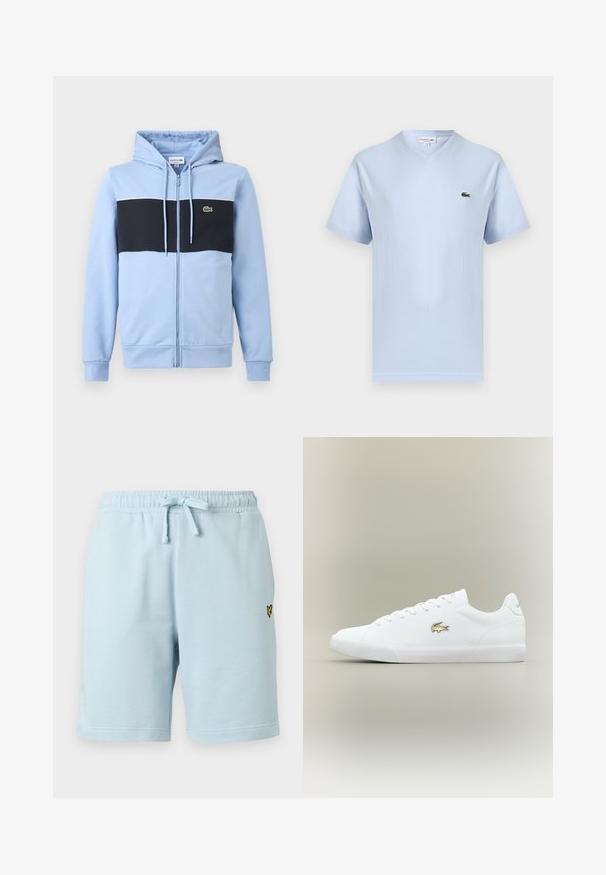 Sweat à capuche bleu clair zippé avec une bande horizontale noire sur la poitrine et un petit logo Lacoste vert sur le côté gauche.; T-shirt bleu clair à col en V et manches courtes avec petit logo crocodile vert Lacoste sur le côté gauche de la poitrine.; Shorts décontractés bleu clair avec taille élastique et cordon de serrage, dotés d'un petit logo brodé jaune et noir sur le côté droit.; Baskets en cuir blanc avec logo doré, lacets plats, semelle blanche texturée, bout rond et design minimaliste.