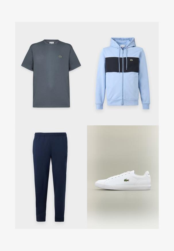 Sweat à capuche bleu clair zippé avec une bande horizontale noire sur la poitrine et un petit logo Lacoste vert sur le côté gauche.; T-shirt gris foncé à manches courtes et col rond avec un petit logo crocodile vert sur la poitrine gauche, présenté sur un fond clair uni.; Pantalon de jogging bleu marine avec taille élastique et poignets aux chevilles, arborant un logo discret en patch sur la cuisse supérieure.; Baskets blanches en cuir avec une semelle en caoutchouc texturé, arborant un logo crocodile brodé vert sur le côté et un branding minimal.