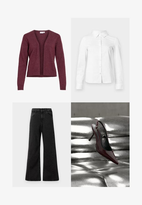 Langärmeliger Cardigan mit offenem Vorderteil aus weichem, dunkelrotem Strickstoff mit gerippten Bündchen und Saum, kragenloses Design.; Weißes langärmeliges Hemd mit spitzem Kragen, geradem Saum und taillierter Silhouette, auf hellem, einfarbigem Hintergrund dargestellt.; Hochtaillierte schwarze Jeans aus Denim mit weitem Bein, ausgestattet mit Fronttaschen und einem Knopfverschluss an der Taille.; Dunkelroter Slingback High Heel Schuh mit spitzer Spitze, der auf einer glänzenden metallisch silbernen gepolsterten Oberfläche liegt.