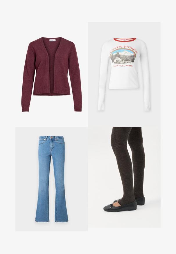 Cardigan manches longues à ouverture devant en tissu maille doux bordeaux, avec poignets et ourlet côtelés, design sans col.; Chemise blanche à manches longues avec col rouge et texte « Twin Pines National Park » avec un motif montagne et forêt à l'avant.; Jean en denim bleu clair avec une taille mi-haute, cinq poches, fermeture par bouton et fermeture éclair, et des bas légèrement évasés.; Jambes portant des leggings côtelés foncés associés à des ballerines noires avec de petits détails en nœud sur fond blanc.