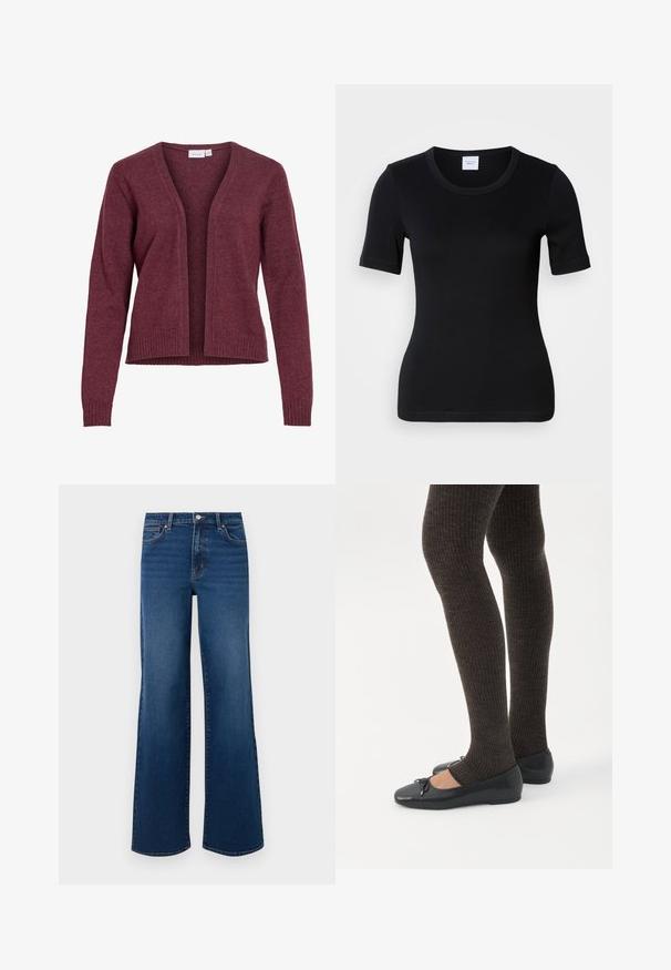 Cardigan med lange ærmer og åben front i blødt mørkerødt strikket stof med ribstrikkede manchetter og linning, uden krave.; Sort t-shirt med korte ærmer fremstillet af blød bomuld. Har rund halsudskæring og en tætsiddende pasform med minimale syningsdetaljer.; Vidde ben denim jeans i mørkeblå med en tekstureret overflade, der har en knaplukning, fem lomme-design og lige kant.; Ben iført mørke ribbede leggings kombineret med sorte balletsko med små sløjfedetaljer på hvid baggrund.