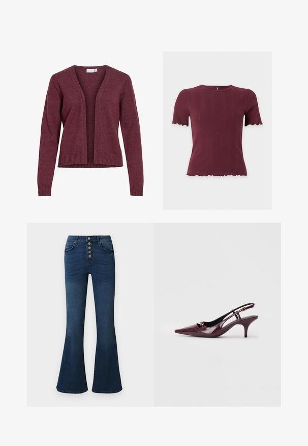 Cardigan manches longues à ouverture devant en tissu maille doux bordeaux, avec poignets et ourlet côtelés, design sans col.; Haut en maille bordeaux à manches courtes avec bords festonnés aux manches et à l'ourlet, présentant un col rond et une texture verticale subtile.; Jeans évasés en denim bleu foncé avec une taille haute et une fermeture à cinq boutons sur le devant. Texture lisse avec un léger délavage et des détails de couture subtils.; Talons aiguilles bordeaux à bride arrière avec un bout pointu, finition en cuir brillant, petite découpe à l'avant et un talon stiletto fin avec des accents dorés.