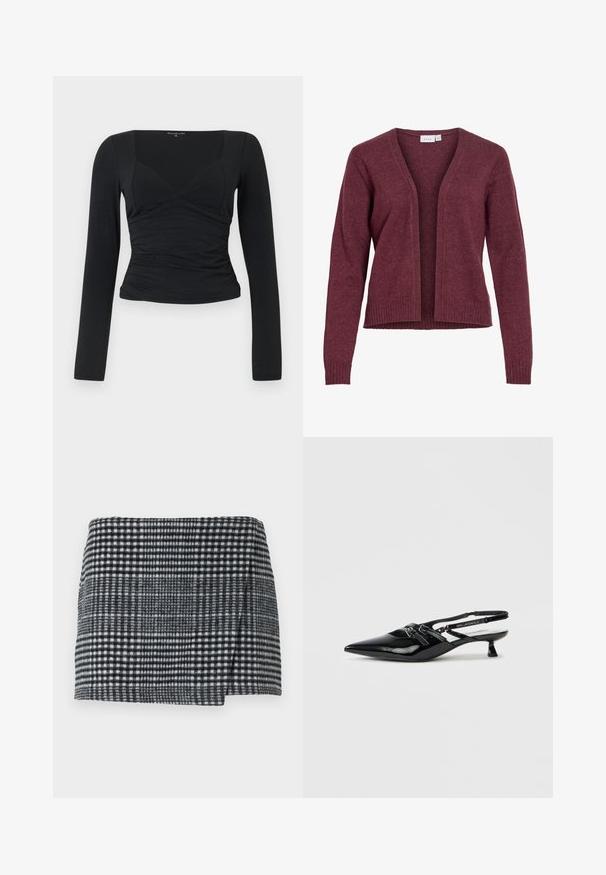 Cardigan manches longues à ouverture devant en tissu maille doux bordeaux, avec poignets et ourlet côtelés, design sans col.; Haut noir à manches longues avec un design ajusté, décolleté en V et détail de taille froncée. Fabriqué à partir d'un tissu lisse et extensible.; Jupe mini en laine présentant un motif pied-de-poule noir et blanc, coupe droite avec un ourlet légèrement asymétrique, et tissu texturé.; Chaussure slingback en cuir verni noir avec bout pointu, petit talon carré et bride ajustable ornée de détails découpés et d'accents logo.